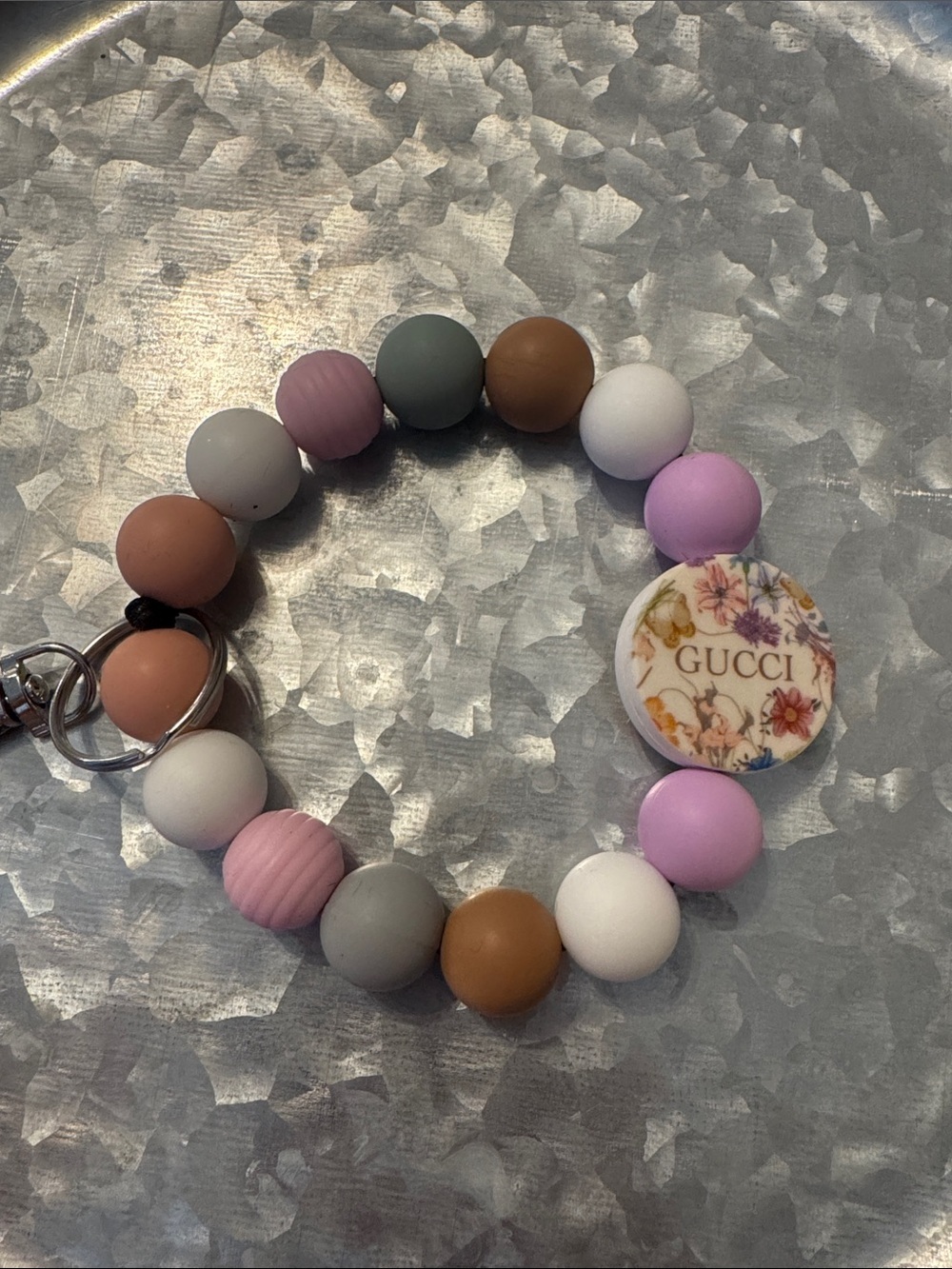 Floral Logo Beaded Key & Card Holder Bracelet - Pink, White, Brown, Gray